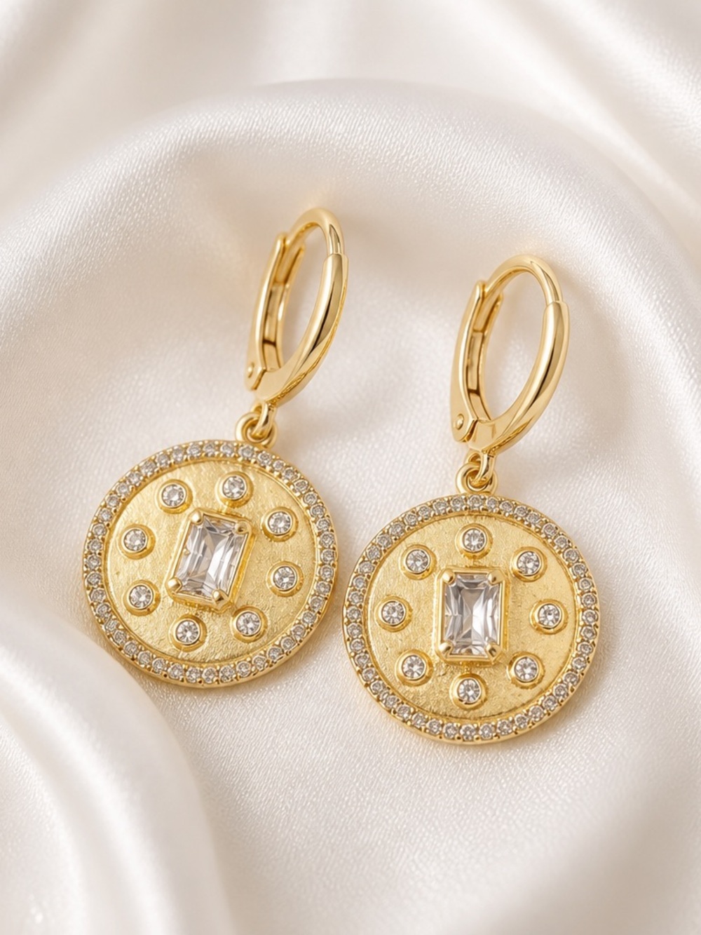 Gold Tone Crystal Disc Drop Earrings